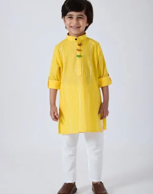Miniature Heritage Pleated Cotton Kurta Set – Sunshine Yellow