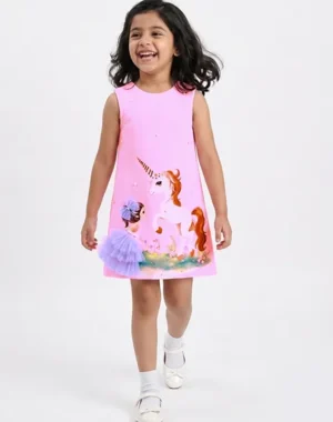 Enchanted Unicorn Graphic Dress with Tulle Accent – Bubblegum Pink
