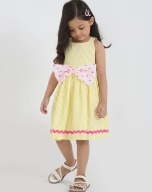 Sun-Drenched Stripe Seersucker Dress with Polka-Dot Bow – Lemon Yellow